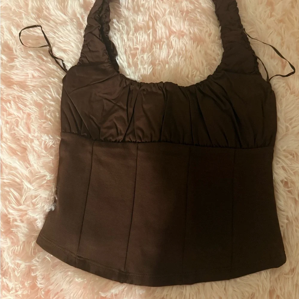 NWT Zara Brown Mixed Interlock Poplin Ruched Crop Top - Picture 6 of 7